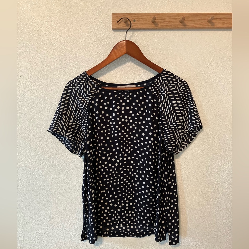 LOFT Navy and White Polka Dot Blouse